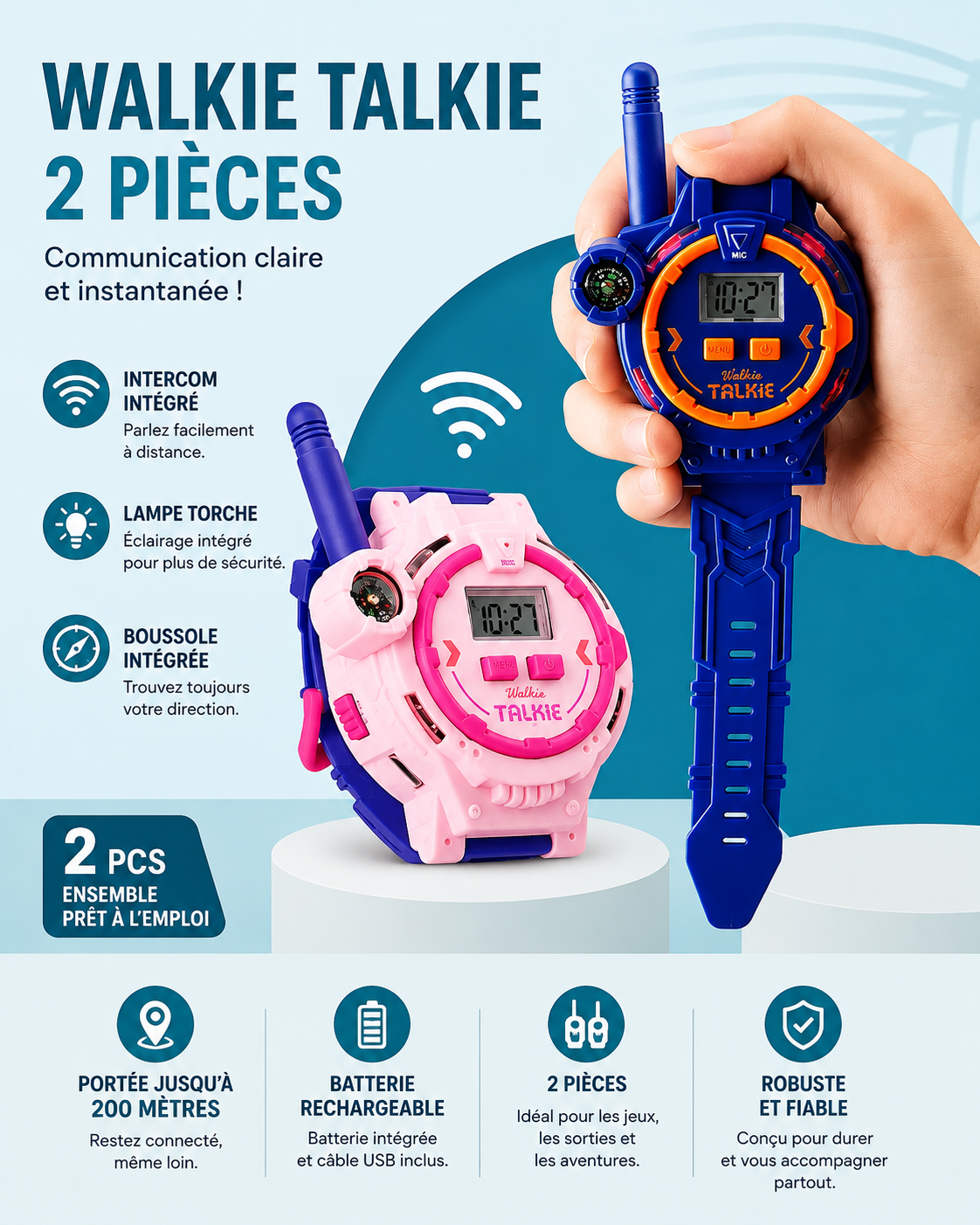 2 Pièces Talkie-Walkie Montre Jouet Électronique, Rechargeable avec Boussole, Espion – Cadeaux pour Enfants