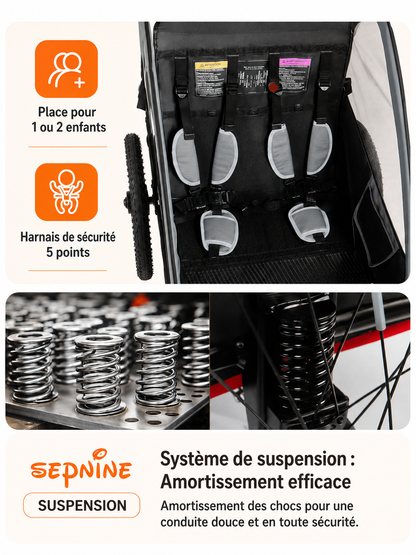 Remorque Vélo 2-en-1 pour Enfants | Poussette Pliable 2 Places | Harnais 5 Points | Charge Max 40kg