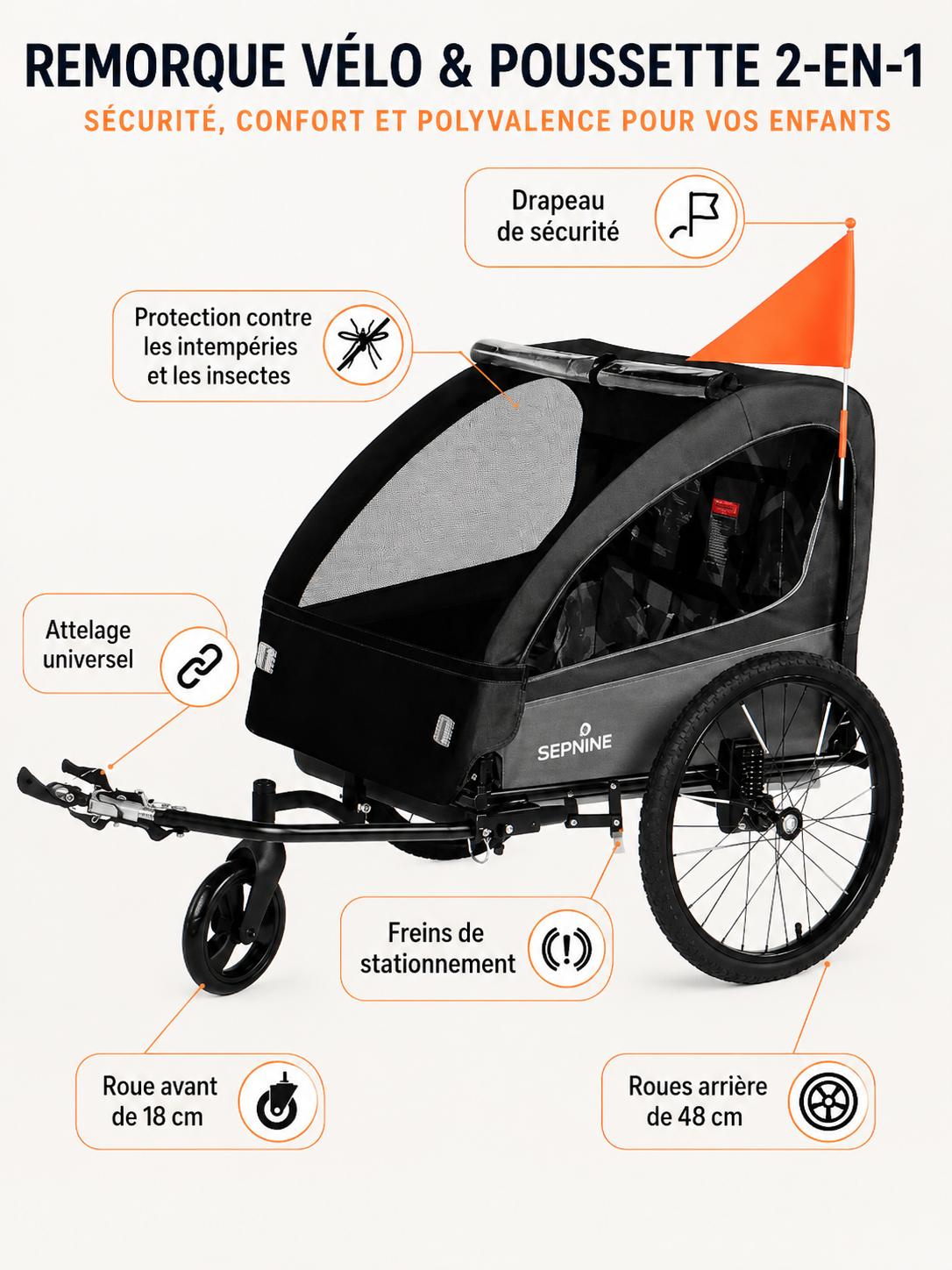 Remorque Vélo 2-en-1 pour Enfants | Poussette Pliable 2 Places | Harnais 5 Points | Charge Max 40kg
