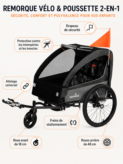 Remorque Vélo 2-en-1 pour Enfants | Poussette Pliable 2 Places | Harnais 5 Points | Charge Max 40kg