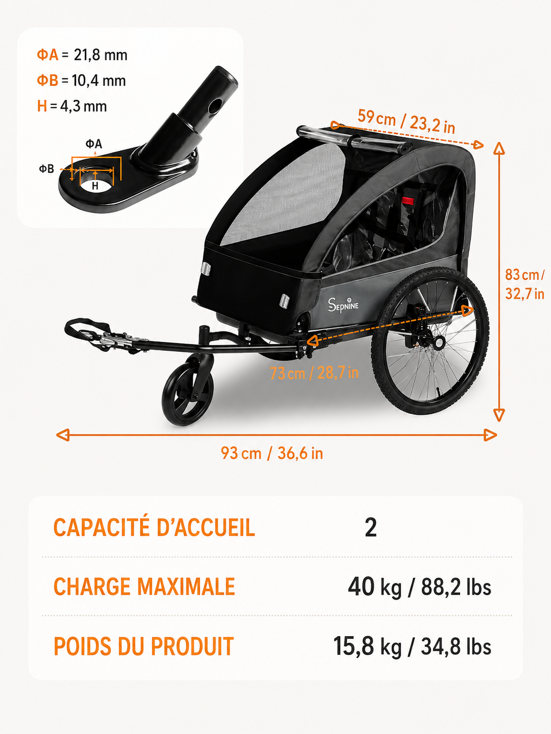 Remorque Vélo 2-en-1 pour Enfants | Poussette Pliable 2 Places | Harnais 5 Points | Charge Max 40kg