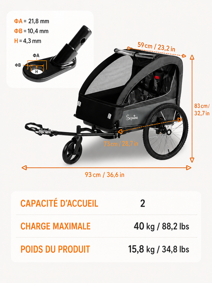 Remorque Vélo 2-en-1 pour Enfants | Poussette Pliable 2 Places | Harnais 5 Points | Charge Max 40kg