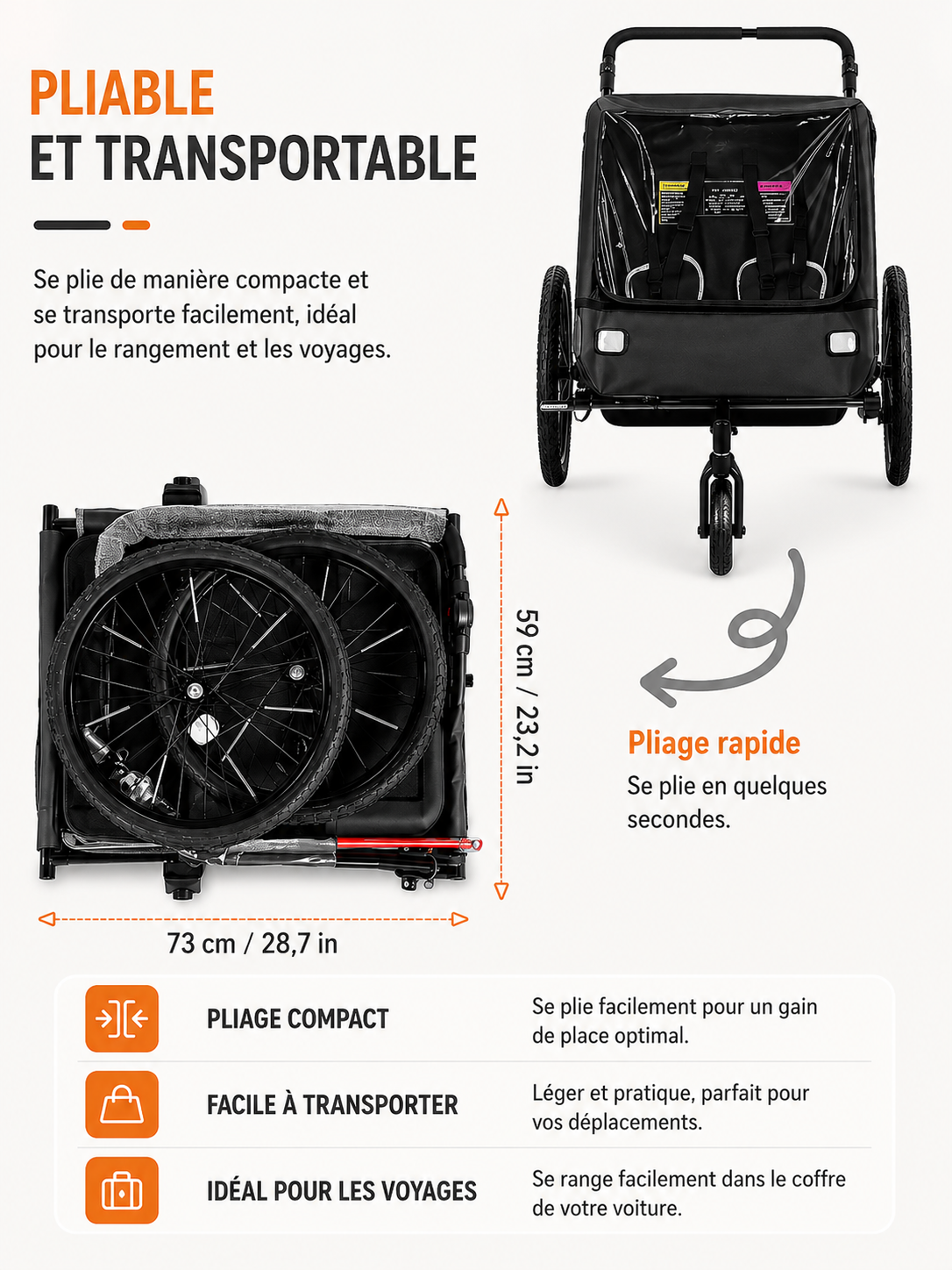 Remorque Vélo 2-en-1 pour Enfants | Poussette Pliable 2 Places | Harnais 5 Points | Charge Max 40kg
