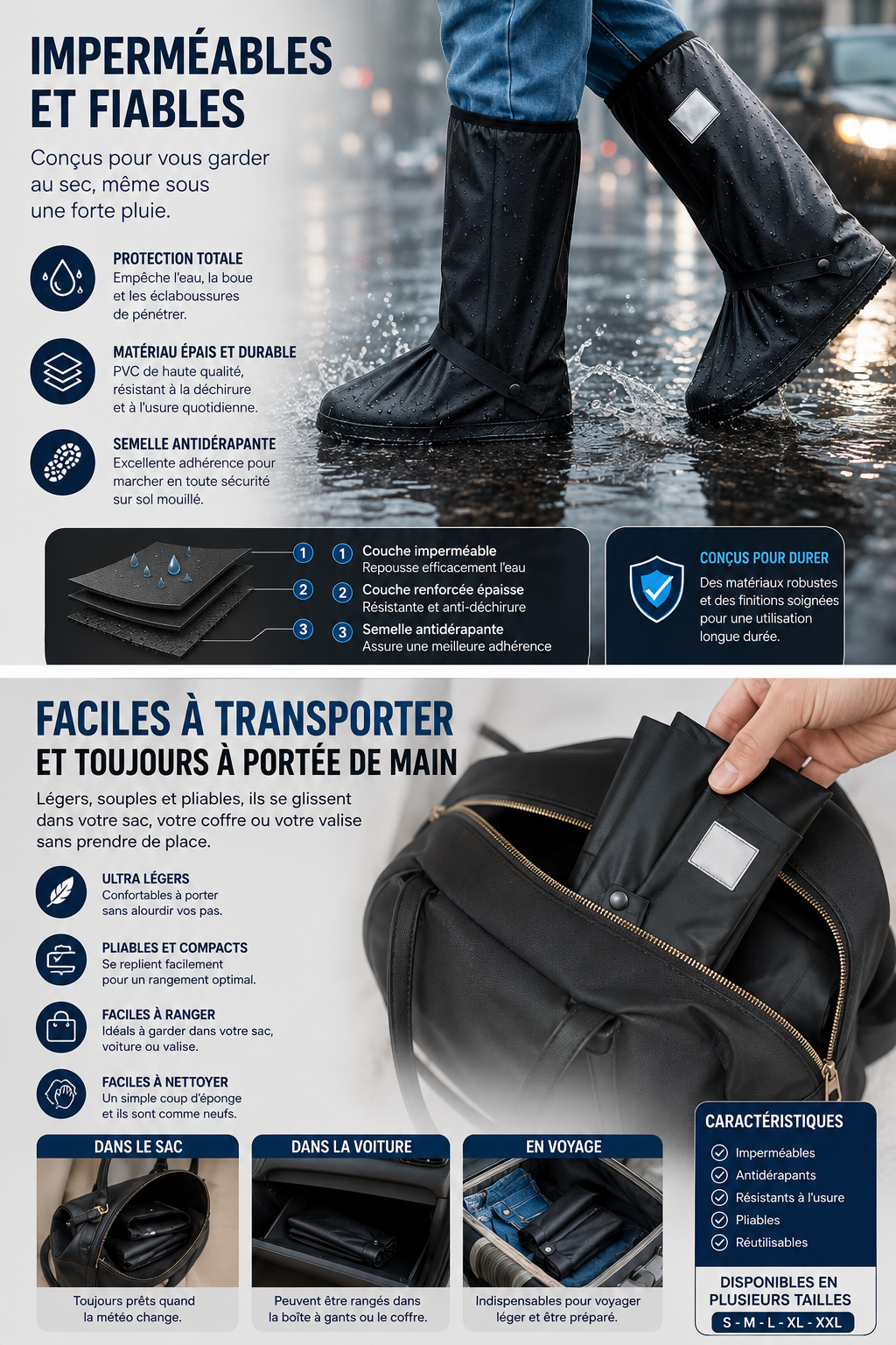 Couvre-Chaussures de Pluie Imperméables & Antidérapants  Protège vos chaussures de la pluie, de la boue et des éclaboussures, tout en restant faciles à enfiler et à transporter.