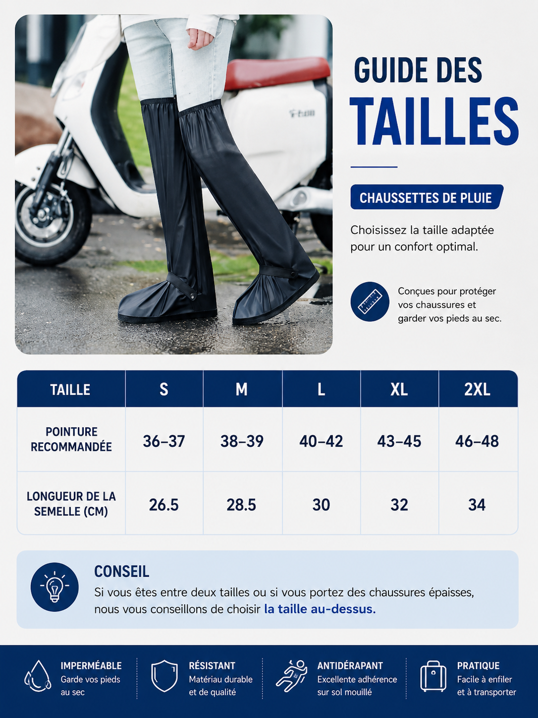 Couvre-Chaussures de Pluie Imperméables & Antidérapants  Protège vos chaussures de la pluie, de la boue et des éclaboussures, tout en restant faciles à enfiler et à transporter.